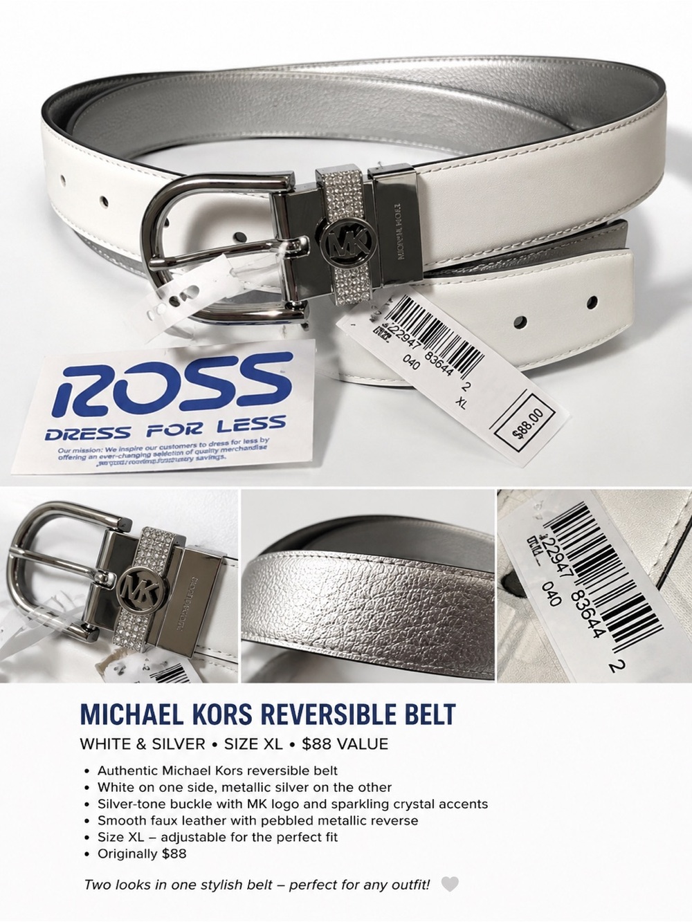 Michael Kors White & Silver Reversible Belt with MK Crystal Buckle